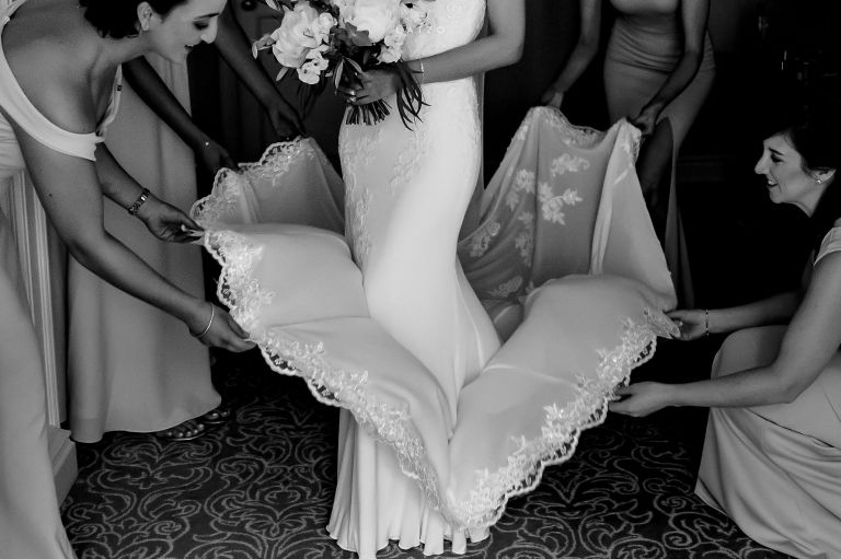 bride in wedding dress pronovias bridesmaids