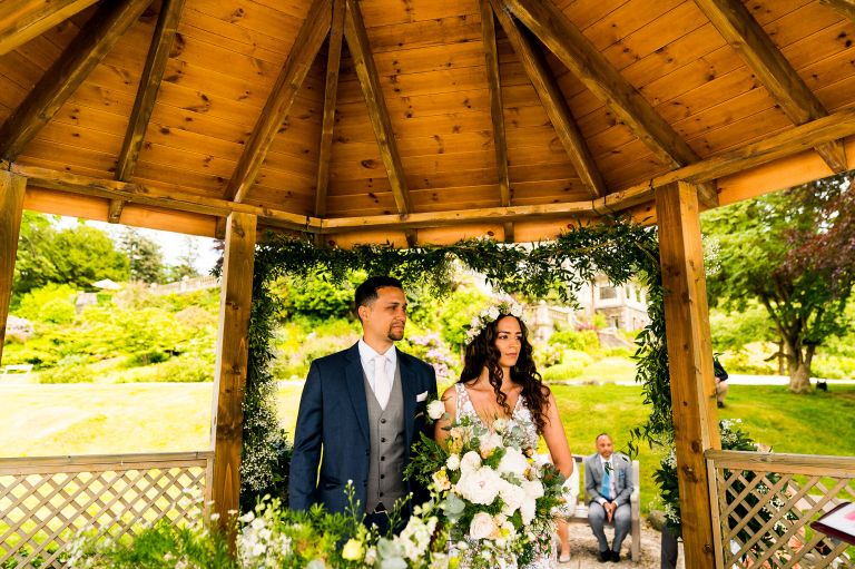 Wedding ceremony in front of the hotel at langdale chase windermere