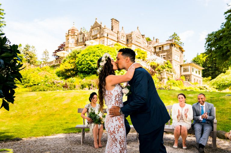 The first kiss in front of langdale chase at lake district