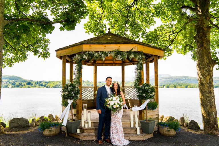 bride and groom formal photograph at the lake