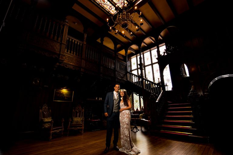 Couples portrait at Langdale Chase hotel hall